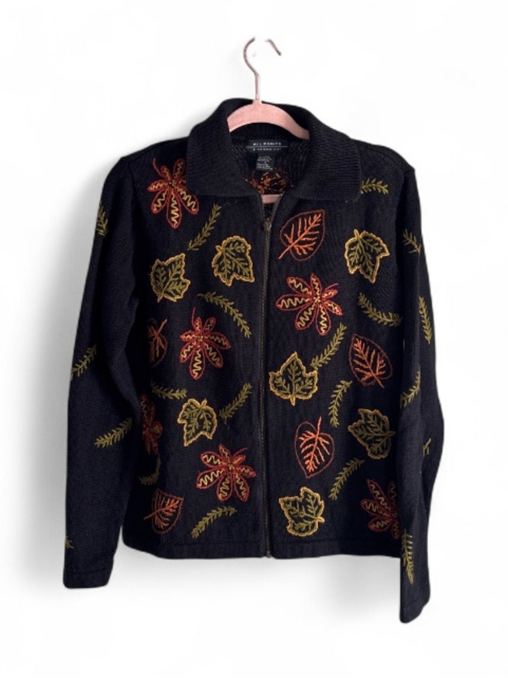 Vintage Embroidered Leaf Zip-Front Knit Sweater Collared Cardigan Grannycore